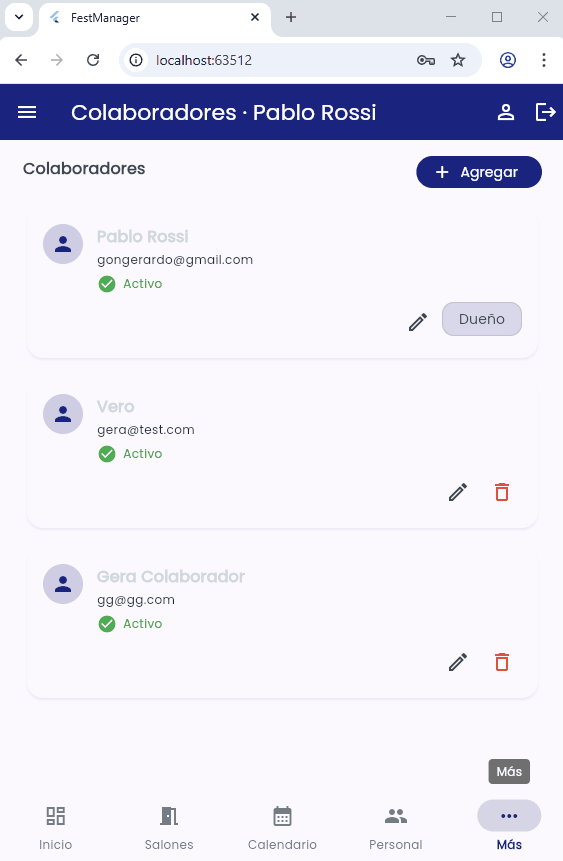 Administración de colaboradores y equipo comercial en FestManager