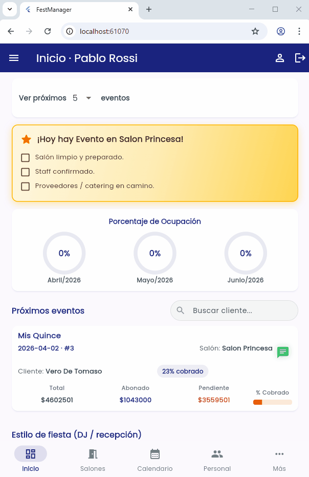 Panel de control de administración de eventos y resumen operativo en FestManager